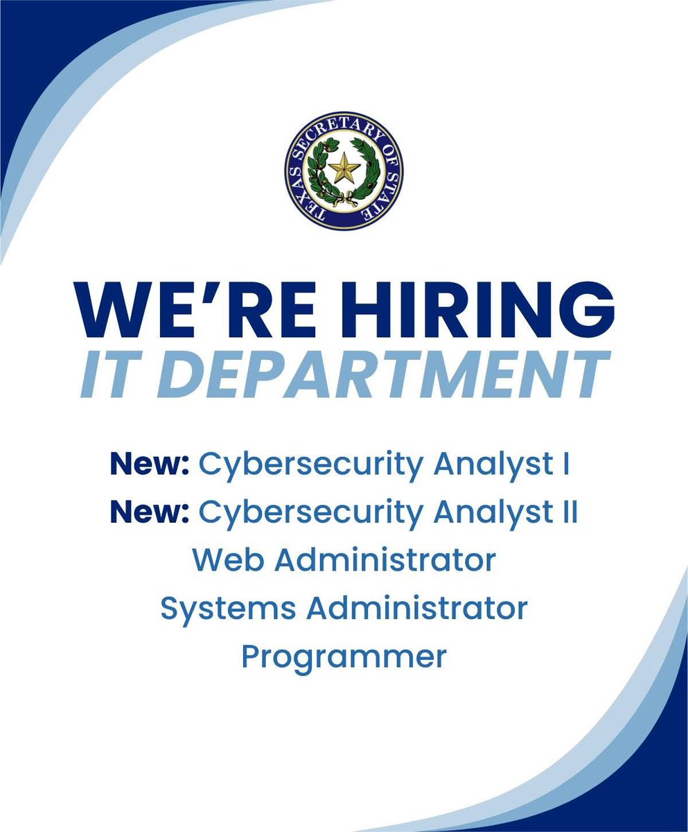 💻 Calling All IT Pros in Texas! 🖥️

The Office of the Texas Secretary of State is growing its tech team — and they’re hiring now! If you’re skilled in cybersecurity, systems, or programming, this could be your next move.

Positions now open:
• Cybersecurity Analyst I
•