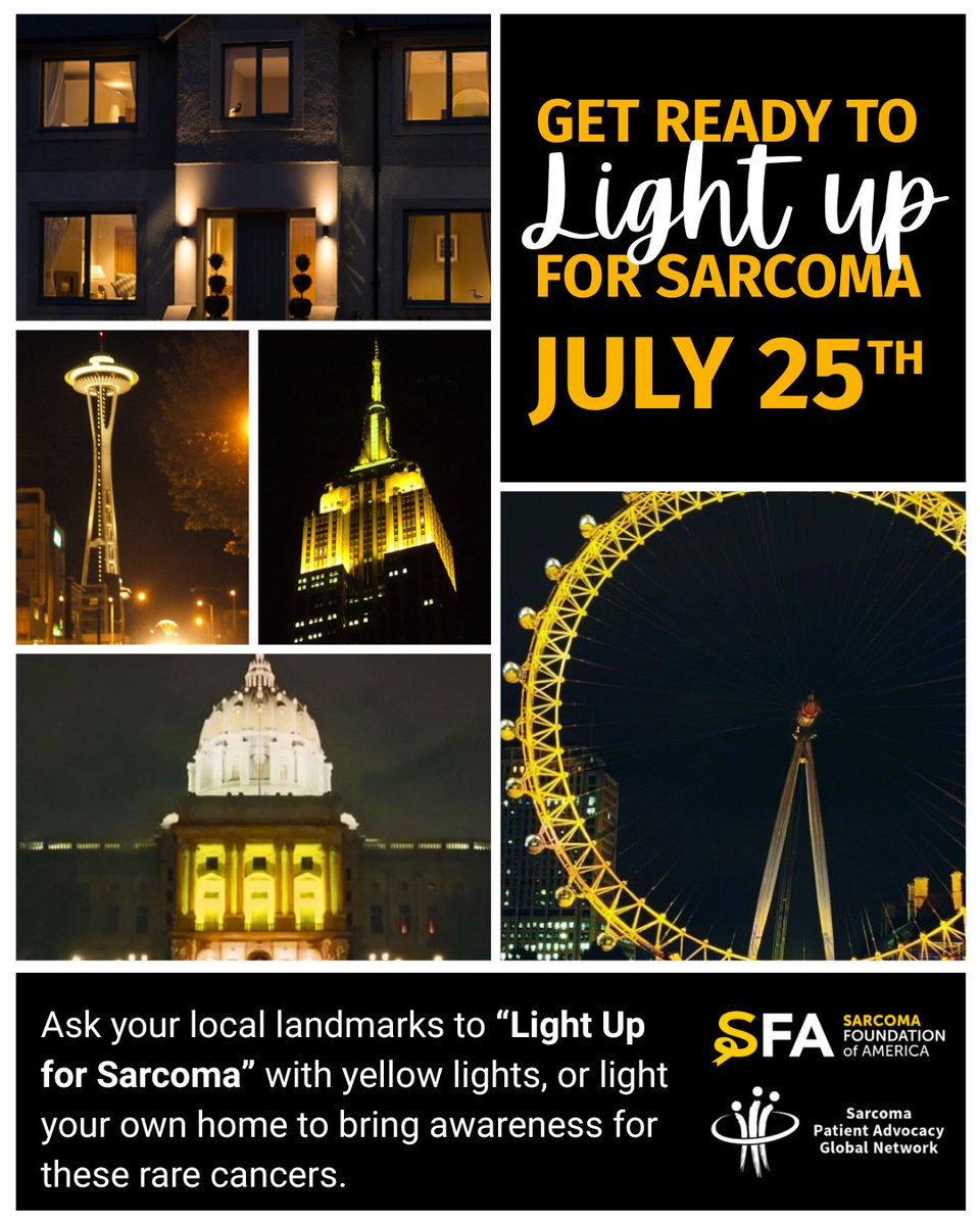 SPAGN (@sarcomapatients) on Twitter photo In one week we’ll “Light Up the World for Sarcoma.” Building on the tradition set by <a href="/CureSarcoma/">Sarcoma Foundation of America</a>, this year it's GLOBAL! Ask your local landmarks to light up the night w/yellow to bring awareness for sarcoma, or shine a light in your own home & post a pic.
#SarcomaAwarenessMonth In one week we’ll “Light Up the World for Sarcoma.” Building on the tradition set by <a href="/CureSarcoma/">Sarcoma Foundation of America</a>, this year it's GLOBAL! Ask your local landmarks to light up the night w/yellow to bring awareness for sarcoma, or shine a light in your own home & post a pic.
#SarcomaAwarenessMonth