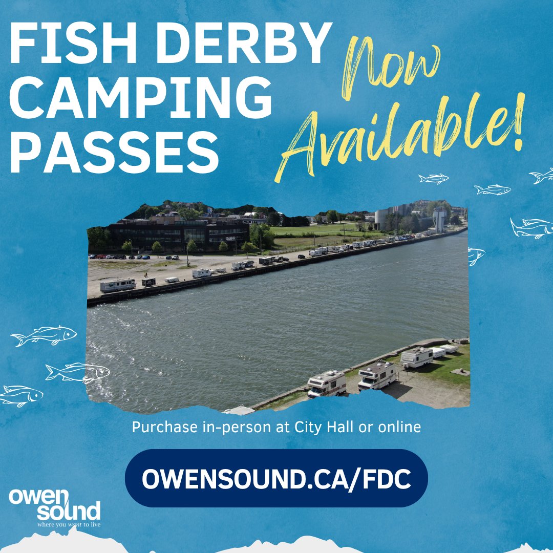 🎣 Fish Derby Camping Passes Are Now Available!

✅ Cost: $150 per vehicle
✅ Buy: Online OwenSound.ca/FDC or in person at City Hall
✅ Valid: Aug 20 to Sept 1
✅ Limited spaces, first-come, first-served
✅ Eligibility: Must be a registered derby participant