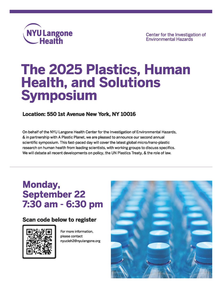 Dear Colleagues,
The NYU Langone Health Center for the Investigation of Environmental Hazards, in collaboration with A Plastic Planet, is proud to present the second annual scientific symposium on Monday, September 22. 
Register here: eventbrite.com/e/nyulh-cieh-2…