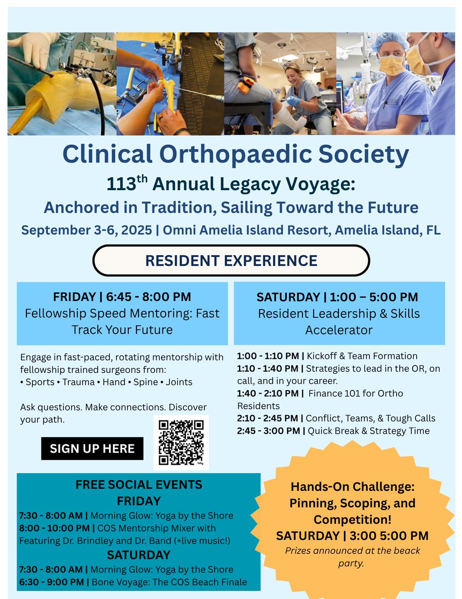 ClinicalOrtho1's tweet image. The 113th Annual COS Meeting runs now through Saturday, packed with exclusive programming just for ortho residents.
From fast-track mentorship to leadership workshops and hands-on challenges, this is your chance to connect, learn, and grow.
Scan the QR code to register today!