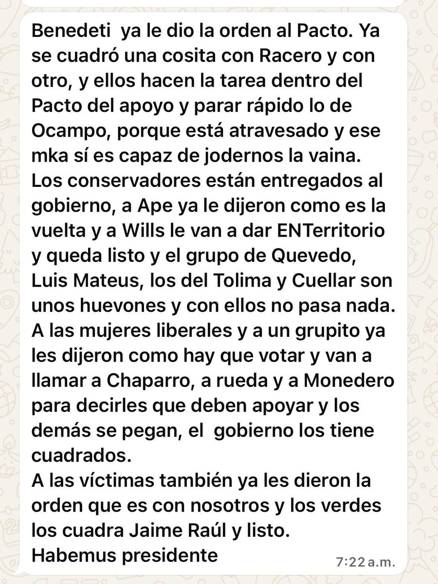 #LoÚltimo | Un chat revelador dejaría en evidencia el aparente ofrecimiento de entidades en medio de la puja por la presidencia de la Cámara de Representantes. Se menciona la intención de apartar a Alejandro Ocampo, del Pacto Histórico, y que al conservador Juan Carlos Wills le