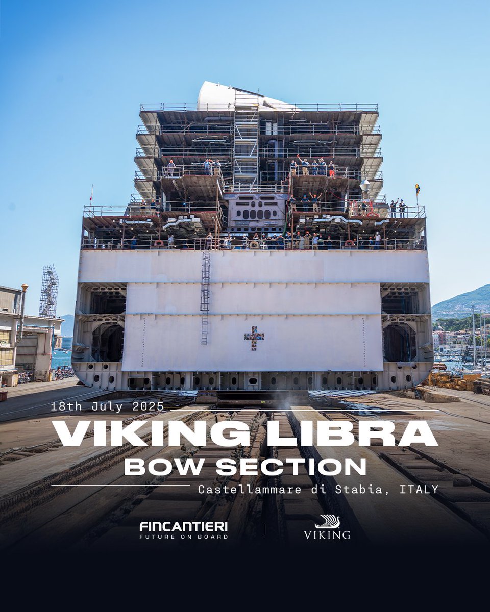 Fincantieri's tweet image. Today, in Castellammare di Stabia, a bow section, approximately 5,200 gross tons and about 113 meters long, destined for “Viking Libra” was launched. The vessel is currently under construction for Viking at our Ancona shipyard, with delivery scheduled for the end of 2026. The…