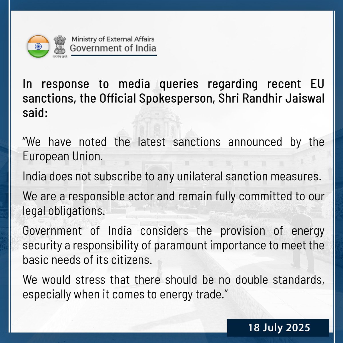 Our response to media queries regarding recent EU sanctions⬇️
