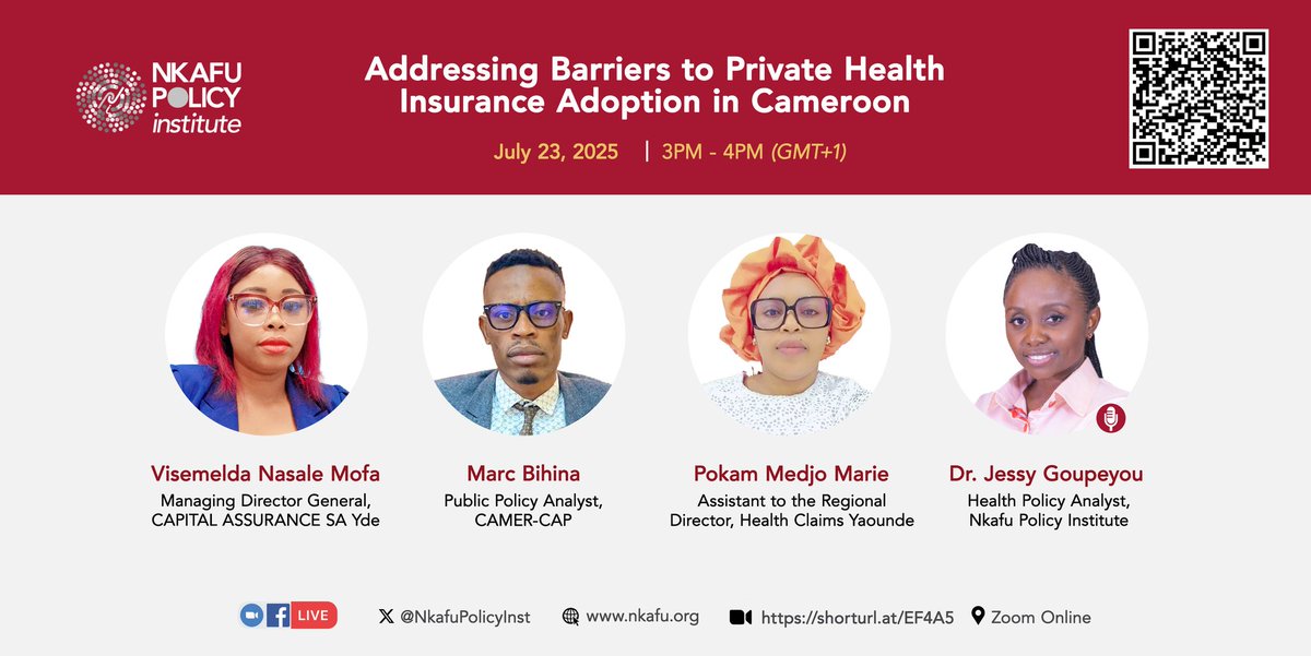 NkafuPolicyInst's tweet image. 📢 Upcoming Webinar | July 23, 2025 – 3PM (GMT+1)
Why is private health #insurance (PHI) uptake still low in Cameroon? Join us to explore barriers like affordability, trust & awareness, & how #PHI can boost access to #care.
🔗 Register: tinyurl.com/3xfp79xc
#HealthForAll #UHC