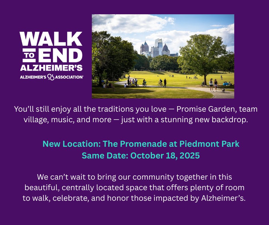 AlzGA's tweet image. 🚨 EXCITING NEWS! 🚨 The Walk to End Alzheimer's Atlanta has a new location! Mark your calendar and make plans to join us in a beautiful new venue! 🎉 🎉 #ENDALZ #walk2endalz