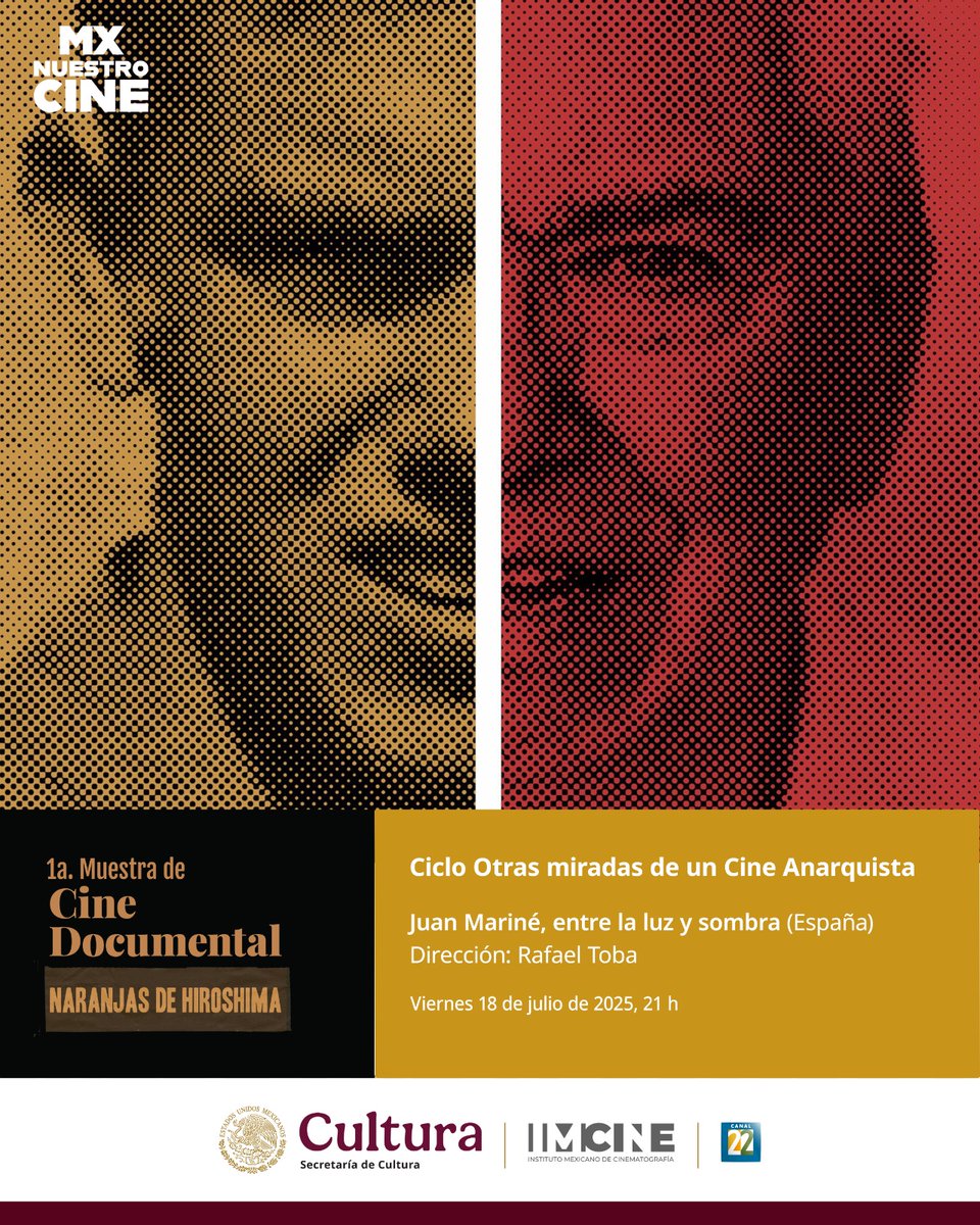 Canal MX Nuestro Cine (@mxnuestrocine) on Twitter photo 🔸La 1a. Muestra de Cine Documental <a href="/naranjashiroshi/">NaranjasdeHiroshima</a> presenta:
🎬 "Juan Mariné, entre la luz y sombra" del director Rafael Toba.
Una cinta que nos muestra las memorias del fotógrafo y restaurador cinematográfico español.
⏰ Viernes 18 de julio, 21:00 h 🔸La 1a. Muestra de Cine Documental <a href="/naranjashiroshi/">NaranjasdeHiroshima</a> presenta:
🎬 "Juan Mariné, entre la luz y sombra" del director Rafael Toba.
Una cinta que nos muestra las memorias del fotógrafo y restaurador cinematográfico español.
⏰ Viernes 18 de julio, 21:00 h