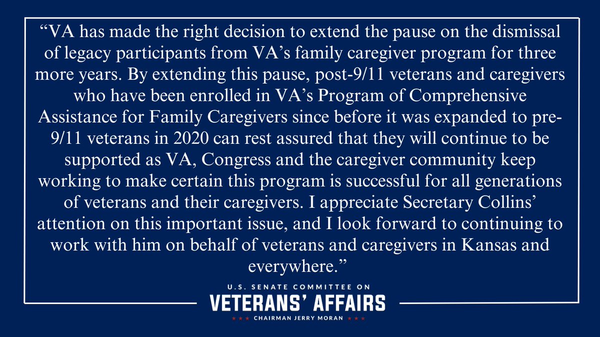 JerryMoran's tweet image. I applaud @SecVetAffairs for extending the pause on the dismissal of legacy caregivers from VA's family caregiver program by three more years. My full statement below:
