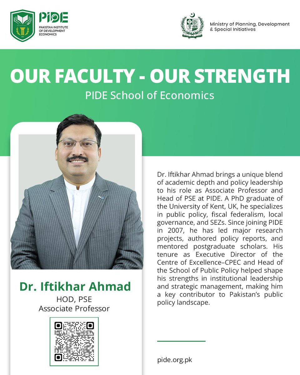 Pakistan Institute of Development Economics (PIDE) (@pidepk) on Twitter photo Policy Knowledge into National Impact – Dr. Iftikhar Ahmad (<a href="/ahmad_pide/">Iftikhar Ahmad_PIDE</a>), Associate Professor | Head <a href="/PIDE_PSE/">PIDE School of Economics</a>
A policy strategist, mentor, and national thought leader. With a Ph.D. from the University of Kent, UK, he brings international insight to Pakistan’s most pressing Policy Knowledge into National Impact – Dr. Iftikhar Ahmad (<a href="/ahmad_pide/">Iftikhar Ahmad_PIDE</a>), Associate Professor | Head <a href="/PIDE_PSE/">PIDE School of Economics</a>
A policy strategist, mentor, and national thought leader. With a Ph.D. from the University of Kent, UK, he brings international insight to Pakistan’s most pressing