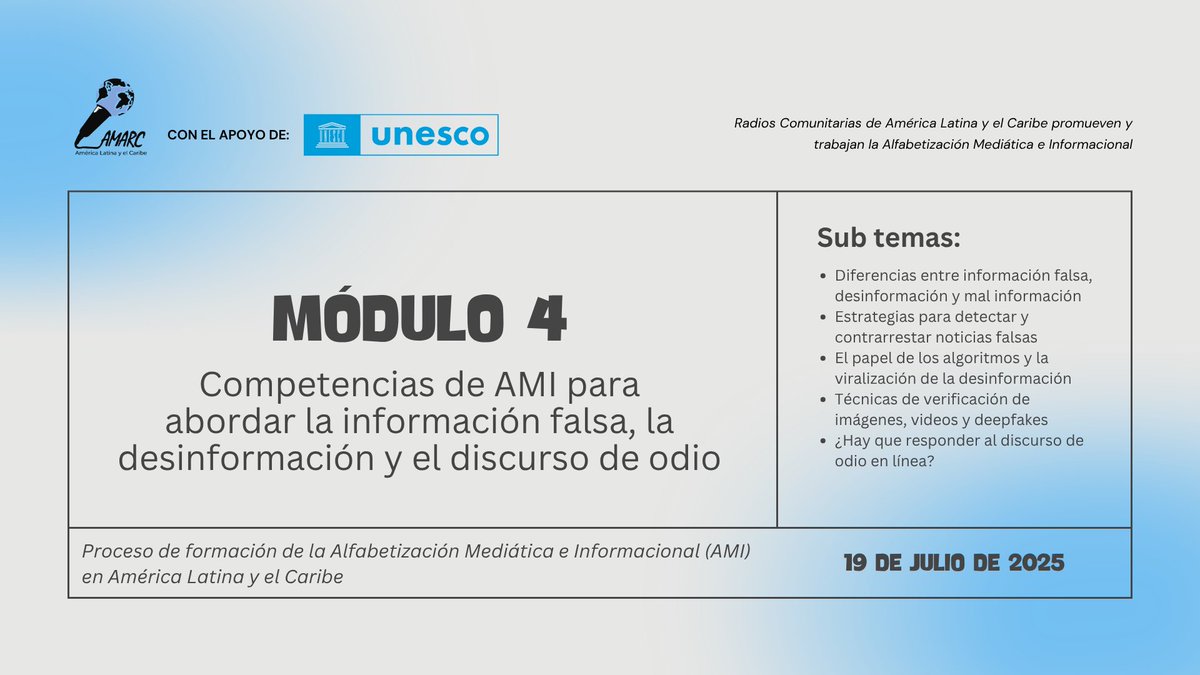 AMARC ALC (@amarcalc) on Twitter photo #AMI |💡 ¡Seguimos aprendiendo y fortaleciendo nuestras habilidades AMI! Entramos al Módulo 4. En esta etapa, afinamos el ojo crítico y las herramientas para detectar la desinformación y construir narrativas responsables desde nuestros territorios.
<a href="/UNESCO_es/">UNESCO en español 🏛️#Educación #Ciencia #Cultura</a> #AMI |💡 ¡Seguimos aprendiendo y fortaleciendo nuestras habilidades AMI! Entramos al Módulo 4. En esta etapa, afinamos el ojo crítico y las herramientas para detectar la desinformación y construir narrativas responsables desde nuestros territorios.
<a href="/UNESCO_es/">UNESCO en español 🏛️#Educación #Ciencia #Cultura</a>