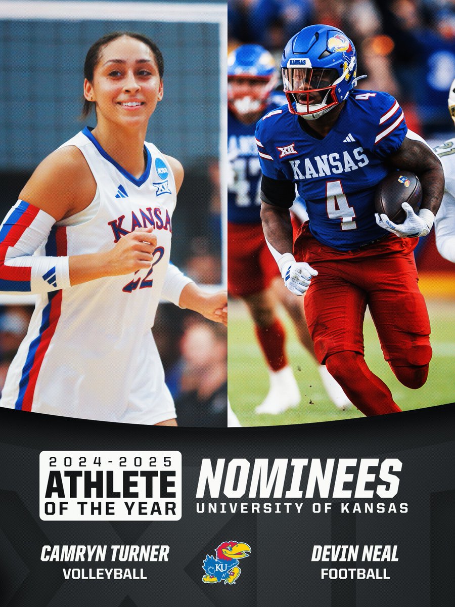 Big12Conference's tweet image. 2024-25 Big 12 Athlete of the Year Nominees: University of Kansas Jayhawks
⭐️ Camryn Turner | @KUVolleyball
⭐️ Devin Neal | @KU_Football
