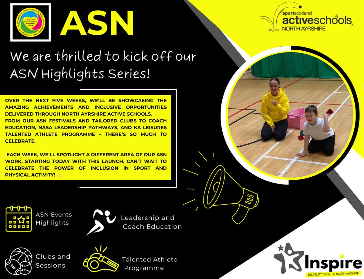 #NAInclusion 💛🖤

Over the next 5 weeks, we’ll be celebrating inclusive opportunities across North Ayrshire  – 

From festivals and clubs to leadership and coach education.

Let’s champion inclusion in sport! 💛 

#InclusionInSport #ASN #NAActive