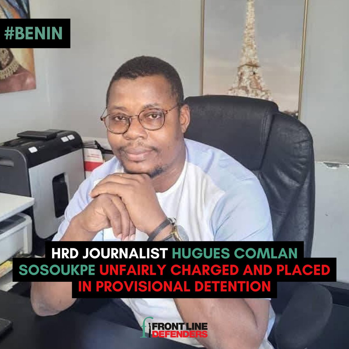 FrontLineHRD's tweet image. #Benin
On 14 July; Hugues Comlan Sosoukpe, a Beninese HRD journalist, was brought before the judge in Cotonou, Benin and placed in provisional detention.
He has been unjustly charged with incitement to rebellion, incitement to hatred and violence, and more- according to the…