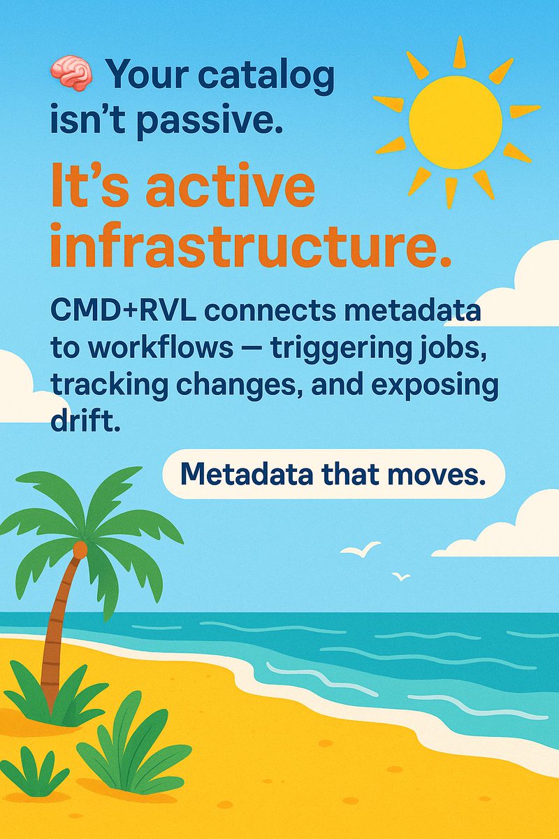 cmdrvl's tweet photo. 🧠 Your catalog isn’t passive.
It’s active infrastructure.

CMD+RVL connects metadata to workflows — triggering jobs, tracking changes, and exposing drift.

Metadata that moves.
#CmdRvl #MetadataOps #Dealcharts 
https://t.co/n7TC2uYMcR | https://t.co/8mYqVwhi3m https://t.co/nthxRaTnVt