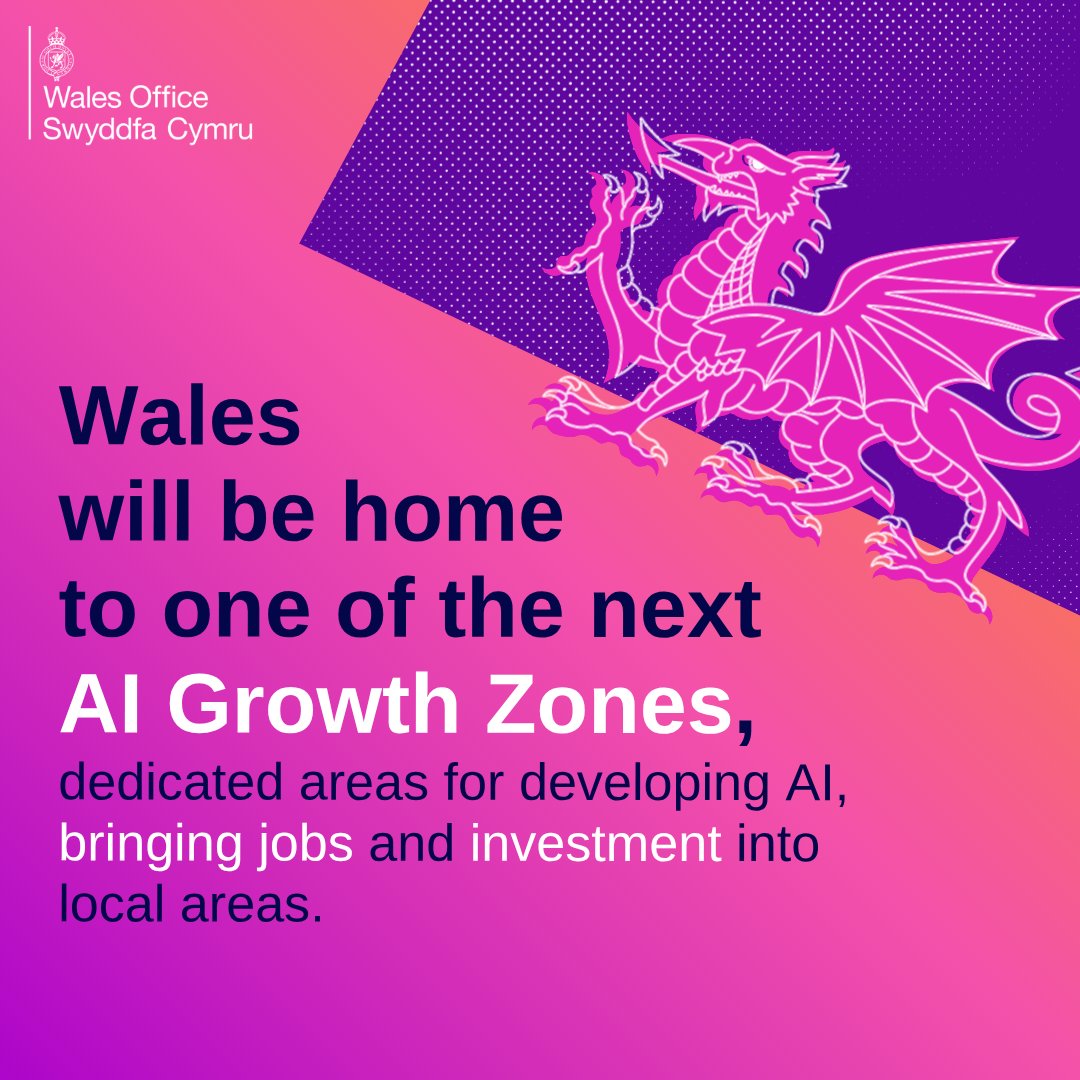WalesOffice's tweet image. We’re delivering an AI Growth Zone in Wales 🏴
Artificial Intelligence will drive future economic growth. That’s why we’re making sure Wales plays a part in it’s development, attracting investment and creating jobs.
👉 gov.uk/government/new…