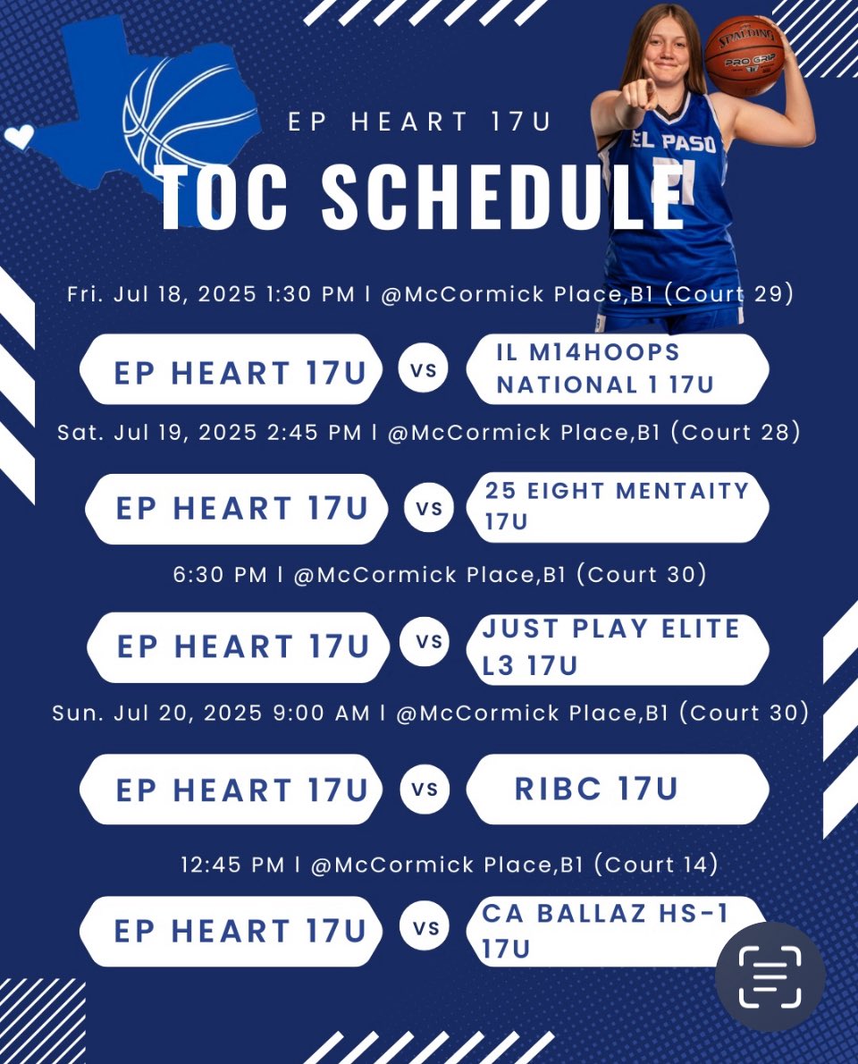 Samantha Wise (@sam_i_can08) on Twitter photo Here is our schedule for <a href="/niketoc/">Nike Tournament of Champions</a> Chicago. Excited to get on the court with my team <a href="/EPHeart915/">El Paso Heart</a>
Come check us out! π Here is our schedule for <a href="/niketoc/">Nike Tournament of Champions</a> Chicago. Excited to get on the court with my team <a href="/EPHeart915/">El Paso Heart</a>
Come check us out! π
