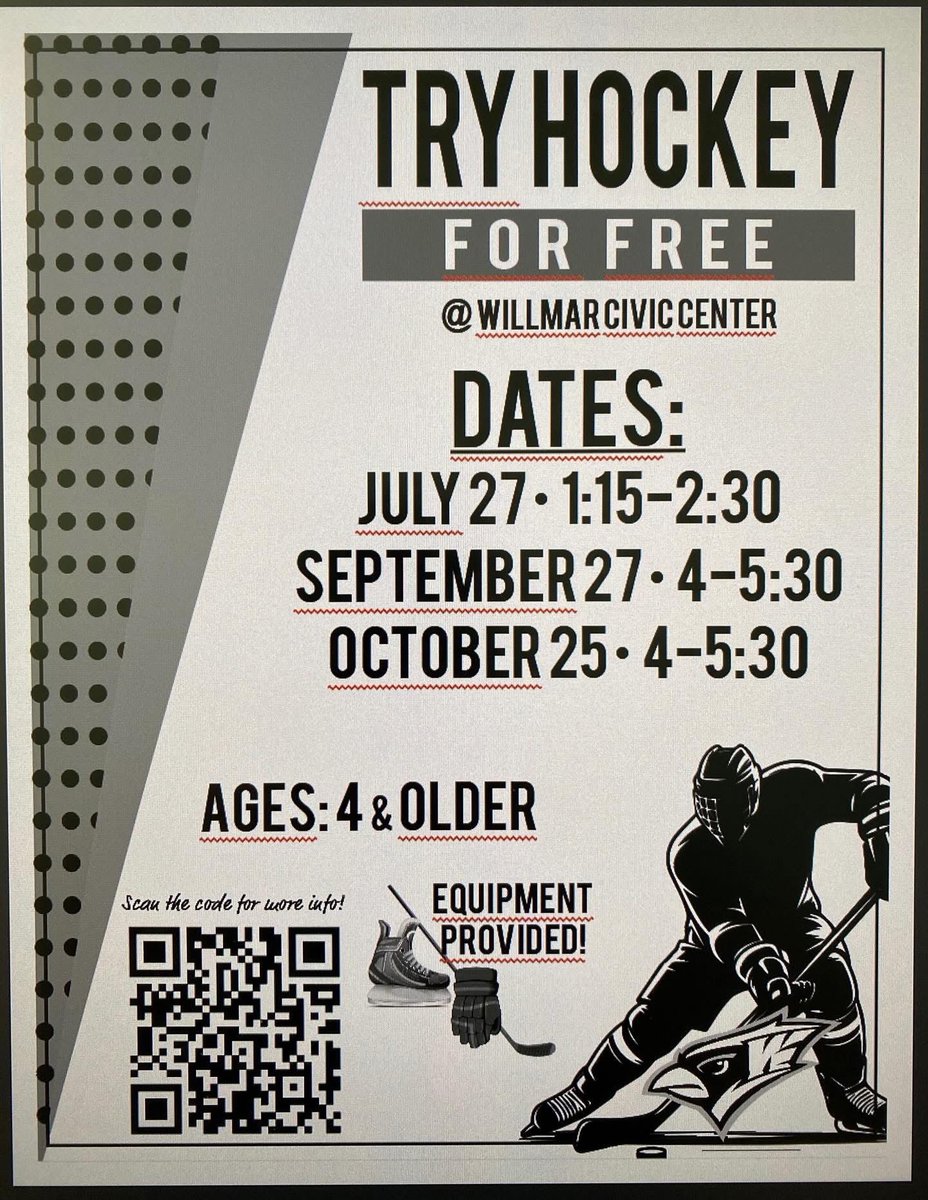 Willmar area kids! Try Hockey for Free  is at the Civic Center. You will also get a free ticket to any WarHawks home game!