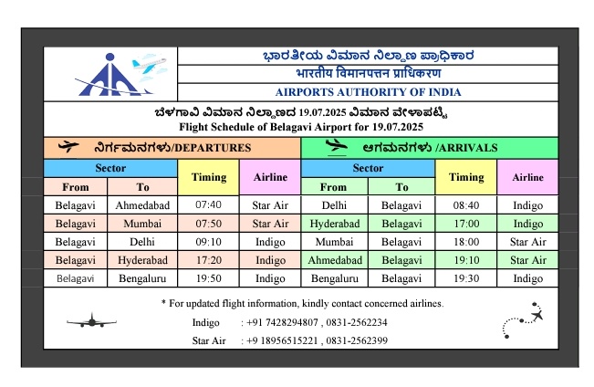 Flight Schedule for 19.07.2025
#BelagaviAirport #AAI
<a href="/AAI_Official/">Airports Authority of India</a> <a href="/AAIRHQSR/">Regional Executive Director AAI Southern Region</a> <a href="/MoCA_GoI/">MoCA_GoI</a>