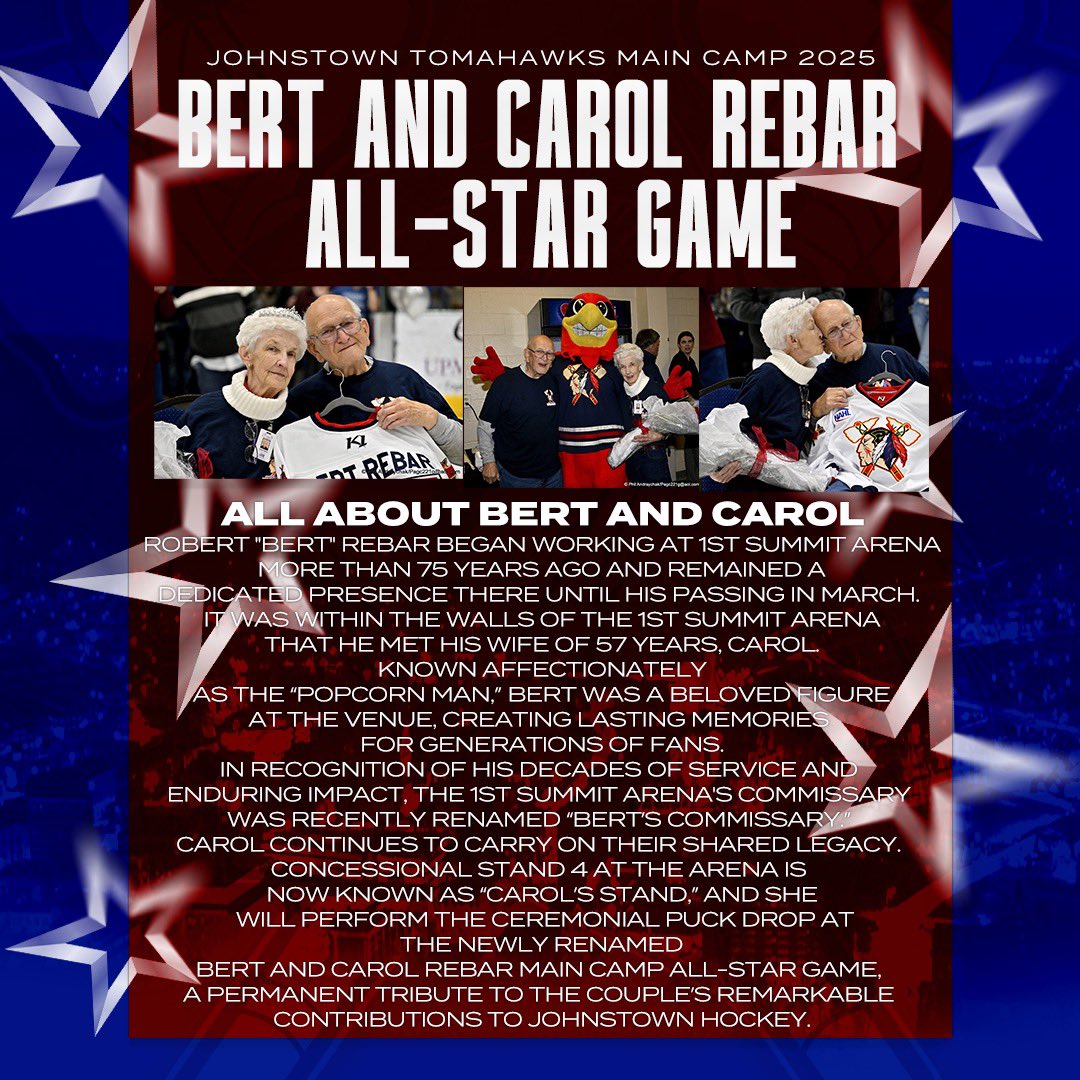 Another new tradition at this year’s Main Camp,  the All-Star Game will officially be named the Bert and Carol Rebar All-Star Game, honoring the late Bert Rebar and his wife Carol for their decades of dedication to 1ST SUMMIT Arena. Carol will open the game with a special