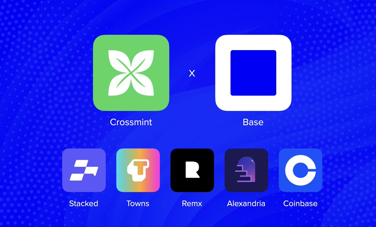 Crossmint (@crossmint) on Twitter photo What a week 🟦
We're proud to support Base builders w/ wallets, onramp, checkout and more:
<a href="/joinstacked/">stacked</a>: exclusive creator memberships
<a href="/townsxyz/">Towns App</a>: the blockchain messenger
<a href="/remx_xyz/">Remx</a>: social network for creatives
<a href="/AlexandriaLabs/">Alexandria</a>: own your e-books
<a href="/coinbase/">Coinbase 🛡️</a>: no explanation needed What a week 🟦
We're proud to support Base builders w/ wallets, onramp, checkout and more:
<a href="/joinstacked/">stacked</a>: exclusive creator memberships
<a href="/townsxyz/">Towns App</a>: the blockchain messenger
<a href="/remx_xyz/">Remx</a>: social network for creatives
<a href="/AlexandriaLabs/">Alexandria</a>: own your e-books
<a href="/coinbase/">Coinbase 🛡️</a>: no explanation needed