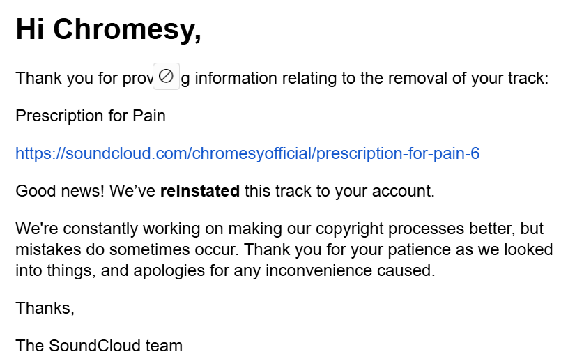 chromesymusic's tweet photo. Day 3 of waiting for @SCsupport to respond to my email ticket and unblock #PrescriptionforPain after winning the copyright dispute for it 🙏 https://t.co/6sMZgI4DZ9