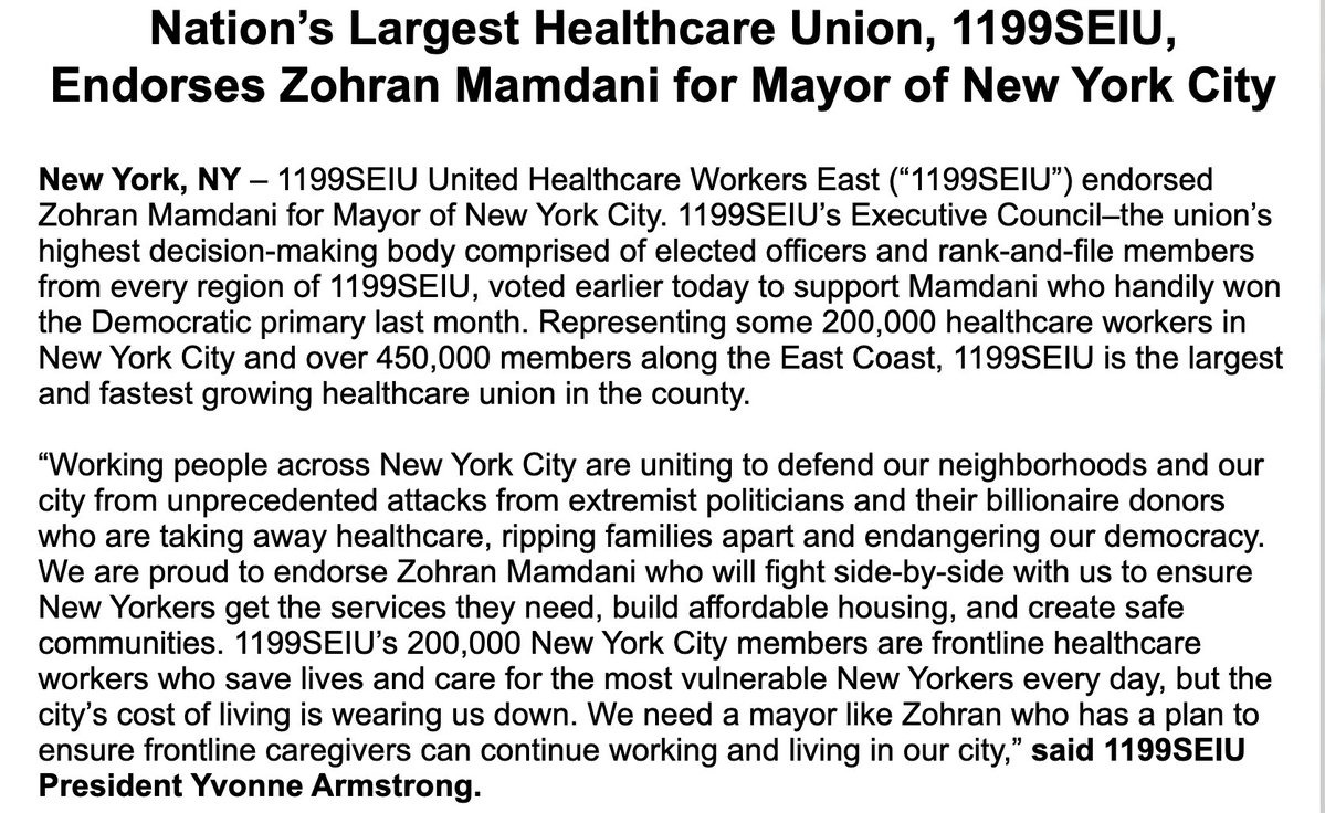 Estarkmiller's tweet image. Inbox: @1199SEIU is endorsing @ZohranKMamdani, meaning the Democratic nominee has now gotten the backing of all five of the city's most prominent unions. Like several others, 1199 backed Cuomo in the primary.