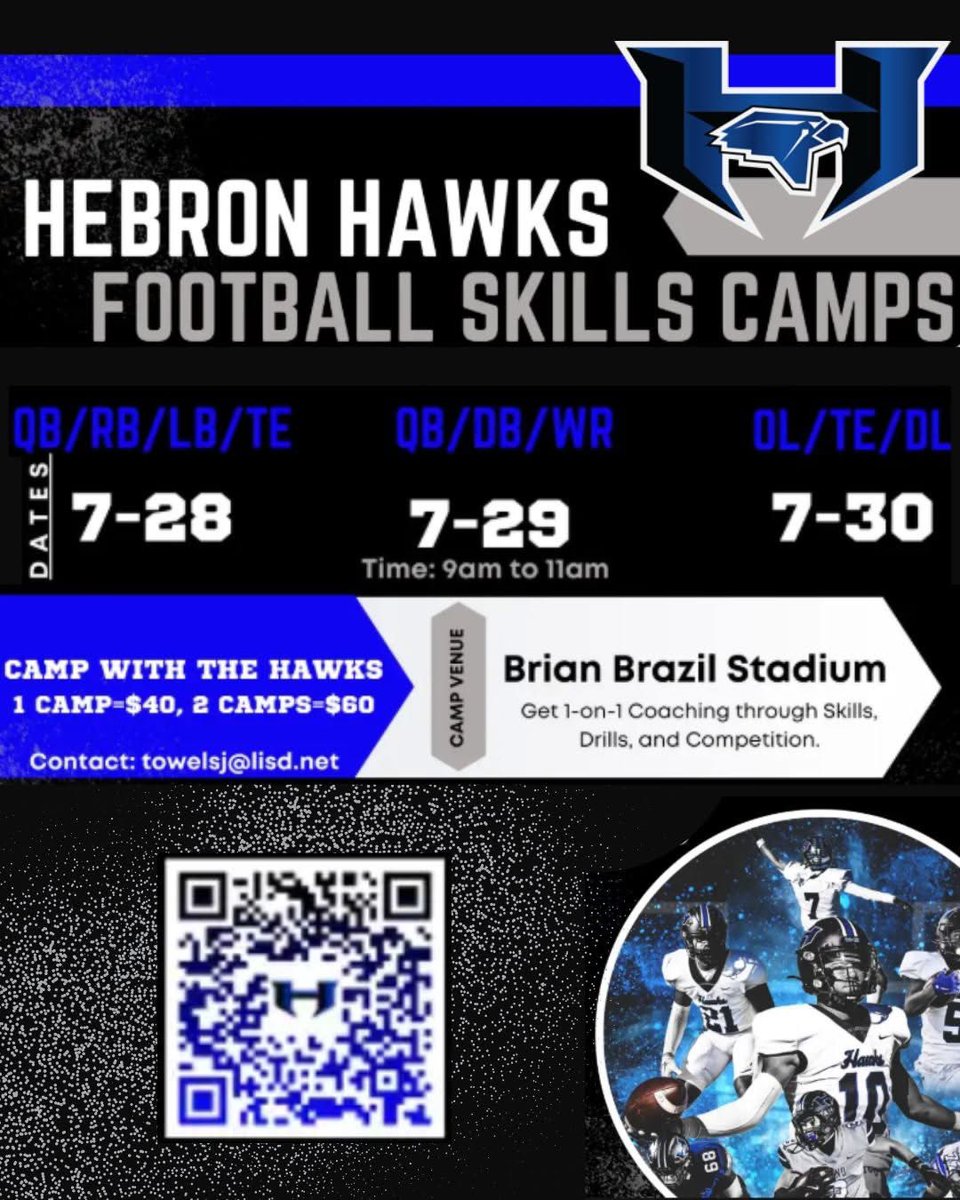 🏈💥 Hebron Football Skills Camp is next week!

📅 July 28–30
🧠 Grades: 7th–9th
📍Hebron HS
💸 1 camp: $40 | 2 camps: $60

Sharpen your skills with the Hawks! 🦅🔥
Register now! 📲 tinyurl.com/hebronfootball… 

#HebronFootball #FutureHawks #HPND #BTW