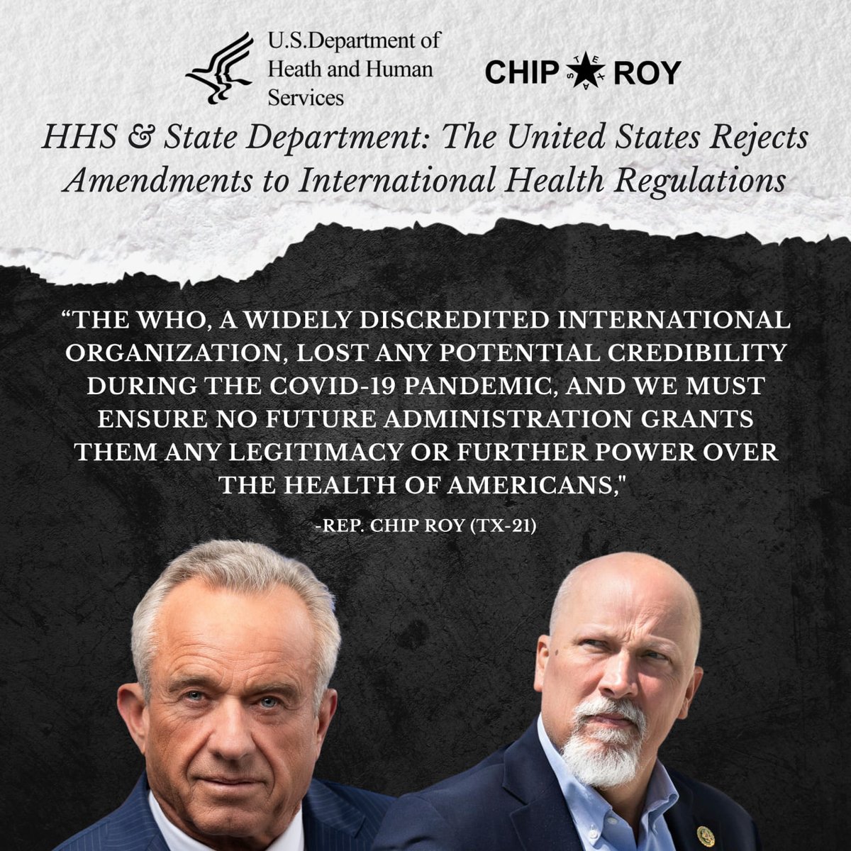 🚨NEW: Rep. Roy applauds <a href="/SecKennedy/">Secretary Kennedy</a> and <a href="/SecRubio/">Secretary Marco Rubio</a> for REJECTING the <a href="/WHO/">World Health Organization (WHO)</a>'s changes to the International Health Regulations (IHR), which allows the World Health Organization to dictate the global response to public health emergency.

Rep. Roy: "The United States must never cede