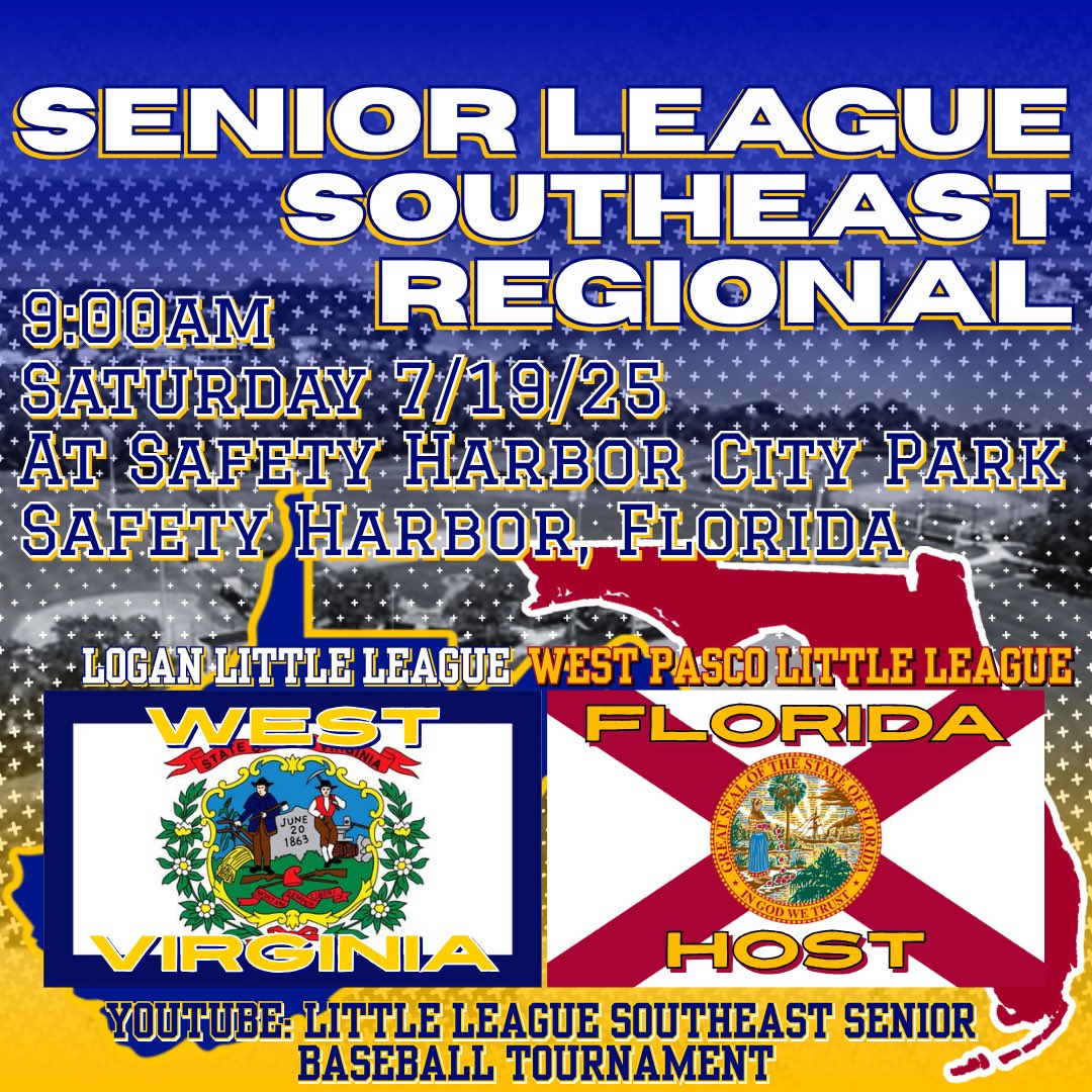 The Logan Allstars will begin the Southeast Regional tournament against the Host West Pasco Little League!!!

🆚West Pasco 
📍Safety Harbor, Florida
⏰9:00am
🗓️Saturday 7/19/25
📺 youtube.com/@slbsoutheast?…