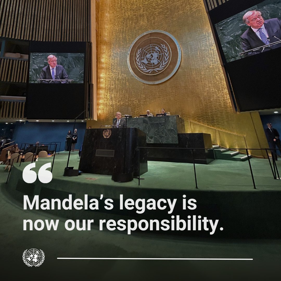 antonioguterres's tweet image. Nelson Mandela’s legacy is our shared responsibility.
At a time when human rights & dignity are under threat worldwide, we must renew our global commitment to the values that define his life & the @UN.
Freedom. Justice. Equality. Solidarity. Reconciliation. Peace.
#MandelaDay