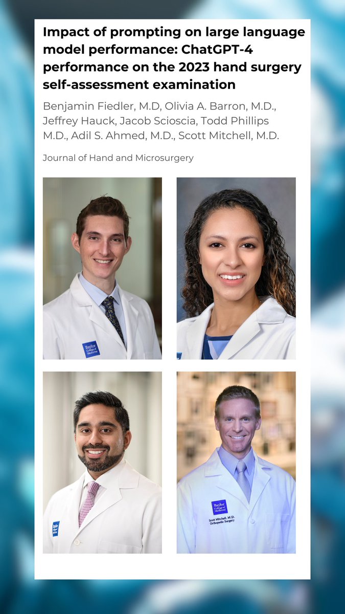 BCMOrtho's tweet image. In the September issue of The Journal of Hand and Microsurgery, an article by faculty, residents, and medical students from our department examines ChatGPT-4’s performance on the 2023 Hand Surgery Self-Assessment Examination.
Read it here: doi.org/10.1016/j.jham…