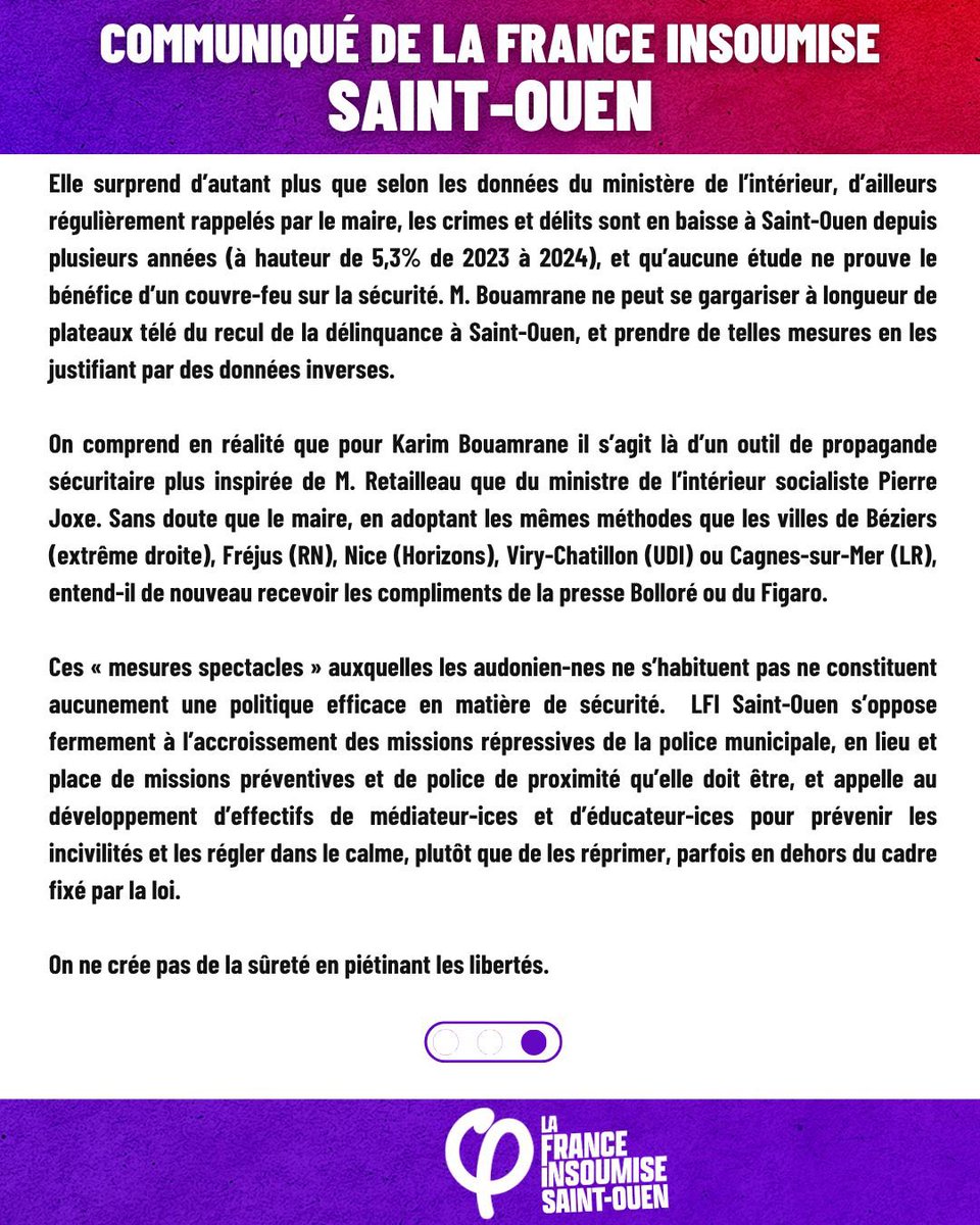 LFIsaintouen's tweet image. Contrôles au faciès abusifs et maintenant couvre-feu imposé aux jeunes de Saint-Ouen : on ne crée pas de sécurité en piétinant les libertés et en criminalisant la présence de jeunes dans l’espace public !
Le communiqué de la France insoumise Saint-Ouen ⬇️