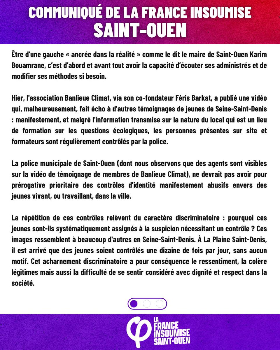 LFIsaintouen's tweet image. Contrôles au faciès abusifs et maintenant couvre-feu imposé aux jeunes de Saint-Ouen : on ne crée pas de sécurité en piétinant les libertés et en criminalisant la présence de jeunes dans l’espace public !
Le communiqué de la France insoumise Saint-Ouen ⬇️