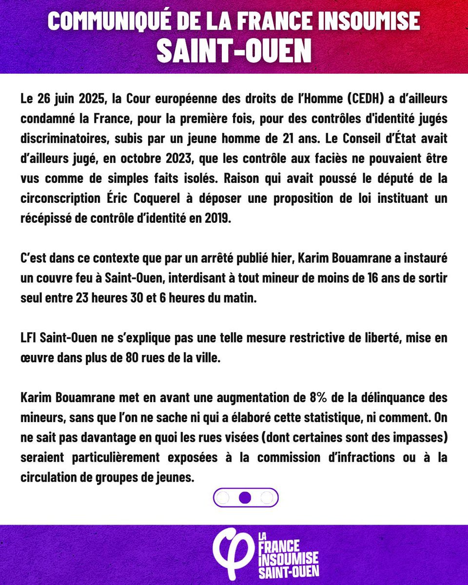 LFIsaintouen's tweet image. Contrôles au faciès abusifs et maintenant couvre-feu imposé aux jeunes de Saint-Ouen : on ne crée pas de sécurité en piétinant les libertés et en criminalisant la présence de jeunes dans l’espace public !
Le communiqué de la France insoumise Saint-Ouen ⬇️