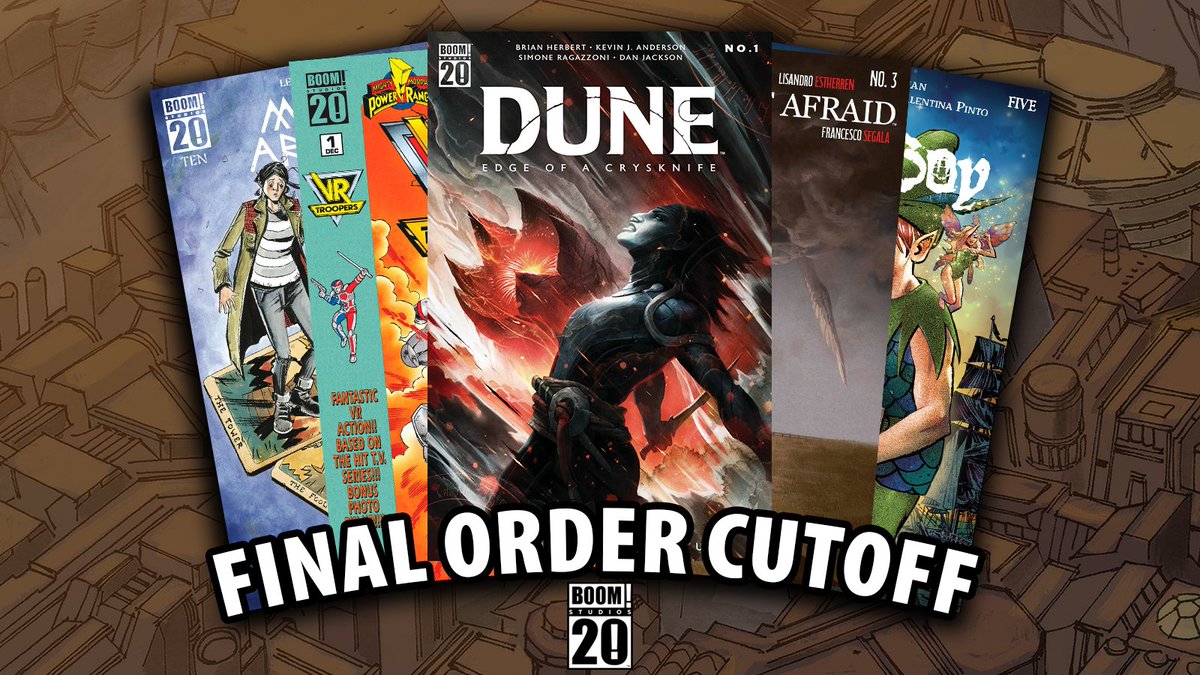boomstudios's tweet image. Add a little spice to your life and pre-order these new releases before the cutoff on Monday, July 21st!
DUNE: EDGE OF A CRYSKNIFE: RAGE OF SHAI-HULUD #1
VR TROOPERS/POWER RANGERS FLIPBOOK FACSIMILE EDITION #1
MINOR ARCANA #10
THE LAST BOY #5
BE NOT AFRAID #3
BUTTERFLY SC…