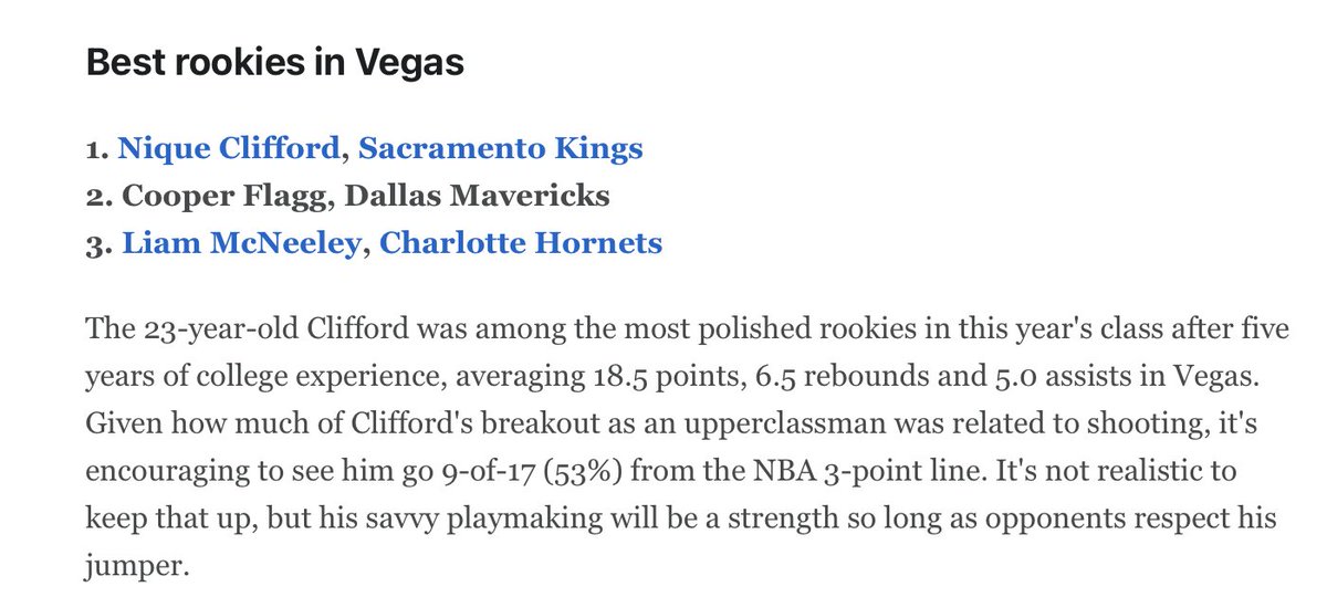 ESPN's <a href="/kpelton/">Kevin Pelton</a> ranked Nique Clifford as the #1 rookie in Vegas AHEAD of Cooper Flagg!

Pelton noted Clifford's polished game and his consistency as both a playmaker and shooter. 

I'm so excited for Nique to show out this season for the Sacramento Kings, he has a bright future!
