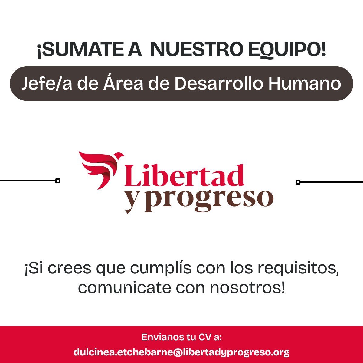 liberyprogre's tweet image. 🚨Vacante abierta para trabajar en Libertad y Progreso🚨
🤔 ¿Qué buscamos?
🗣️ El siguiente perfil:
•Formación en Ciencias Sociales (preferentemente Educación, Economía, Ciencia Política, Sociología o afines).
•Al menos 5 años de experiencia en diseño, análisis o gestión de…