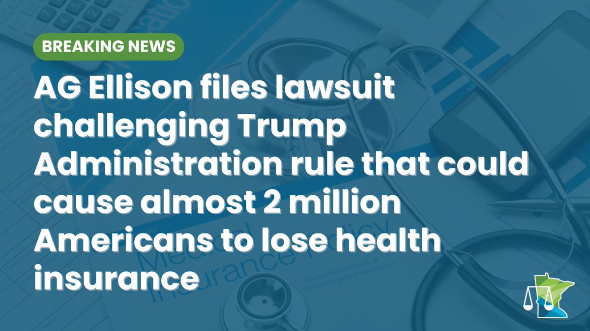 AGEllison's tweet image. I am going to court to defend the ACA from Donald Trump’s latest attack.
I will not stand back and allow the Trump regime to kick almost 2 million Americans off their health insurance and raise costs for millions more families.