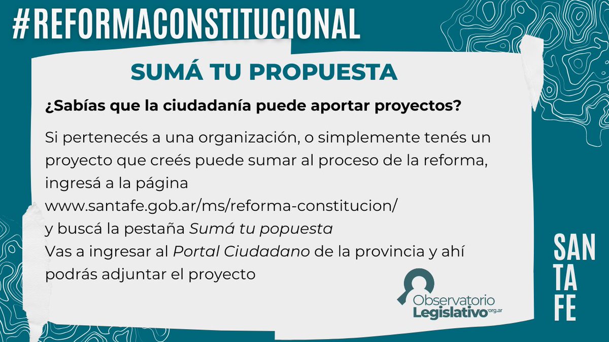 📣 La #ReformaConstitucional en #SantaFe no la hacen sólo de los Convencionales!

💬 También la hacemos los ciudadanos 🧑‍🤝‍🧑

💻Ingresa a santafe.gob.ar/ms/reforma-con… 
✍️ Sumá tu propuesta, participá y hacela tuya.
#Democracia #ParticipaciónCiudadana