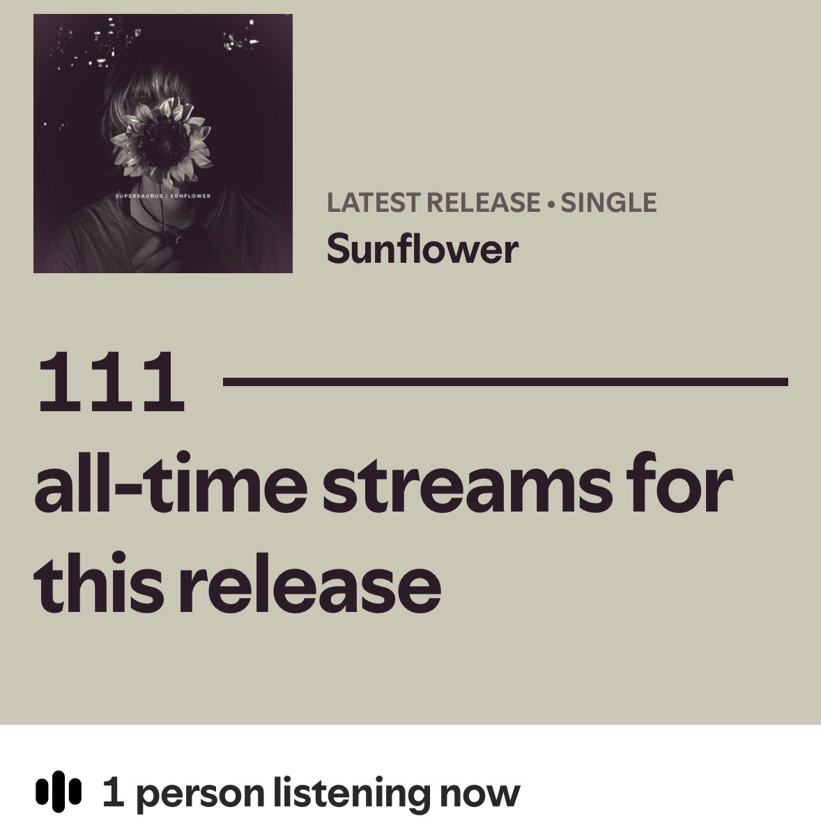superxsaurus's tweet image. Always a bit of a slow start when we release new songs but we appreciate every single person that listens and add our songs to their playlists so thank you if that’s you! 💛
(An extra special thank you to the one person currently listening 😌 ur awesome)
open.spotify.com/track/7tYKRjdO…