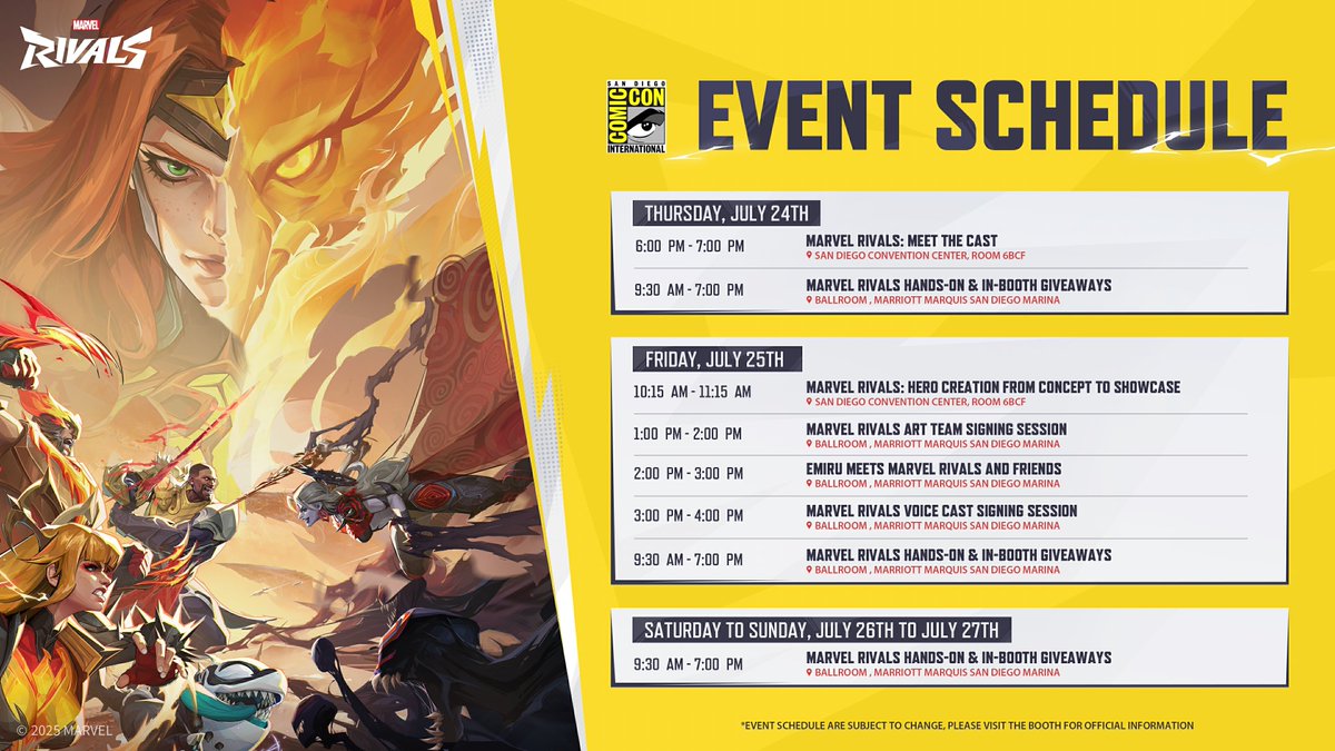 MarvelRivals's tweet image. We're heading over to SDCC this year!
From signing sessions with our talented voice cast and artists to a panel featuring content creators, we've got a whole range of activities for you to join!
Stop by our booth and say hello, we'll be waiting with some exclusive goodies to…