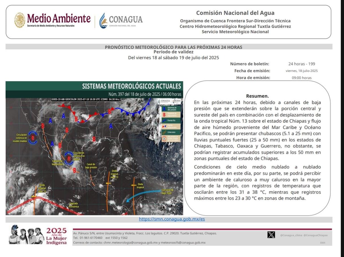 pcivilchiapas's tweet photo. 🌧️ Aviso de condiciones meteorológicas para las próximas 24 horas

Debido al paso de la Onda Tropical Núm. 13 y la presencia de canales de baja presión en el sureste del país, se prevén chubascos y lluvias fuertes en el estado, con posibilidad de acumulados mayores a 50 mm en zonas puntuales.

☁️ El cielo se mantendrá medio nublado a nublado.
🌡️ El ambiente será caluroso a muy caluroso en gran parte del estado, con temperaturas entre 31 a 38 °C, y de 23 a 30 °C en zonas de montaña.

⚠️ ¡Mantente informado y sigue las recomendaciones de Protección Civil!

#Lluvias2025
#ProtecciónCivilChiapas
#TemporadaDeLluvias
#SistemaEstatalDeProtecciónCivil