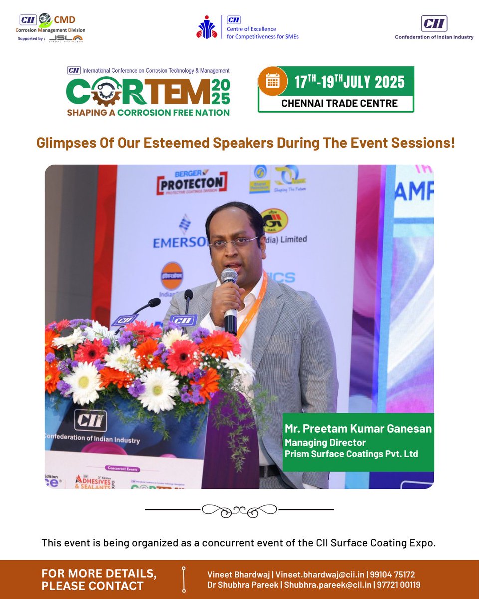 CII_CFC's tweet image. At #CORTEM2025, Mr. Preetam Kumar Ganesan, Prism Surface Coatings Pvt Ltd, spotlighted Prism’s water-based paints, UV coatings &amp;amp; gas catalytic ovens—paving the way for low-VOC, energy-efficient finishes. #SustainableCoatings #SurfaceTech
@FollowCII @CII_CFC