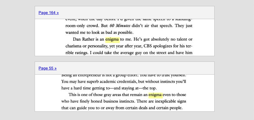 samstein's tweet image. As for the use of the word "enigma" which, i guess, people are saying Trump doesn't use(?), there are at least three instances of him using it in his books