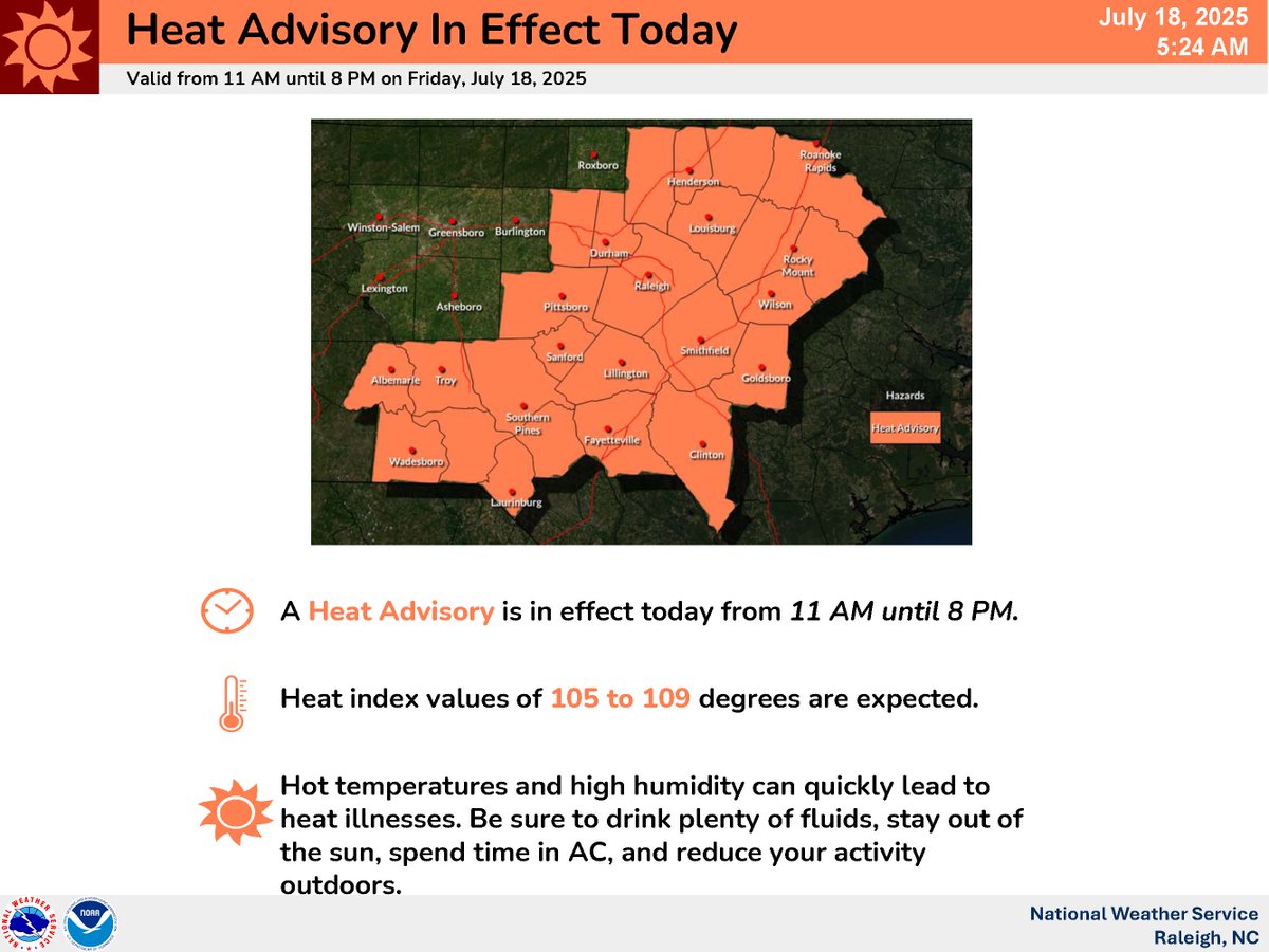 OCNCGOV's tweet image. Orange County is dealing with multiple weather hazards today. A heat advisory is in effect until 8 p.m. We're also under a slight risk (level 2 of 5) of severe weather and excessive rainfall that could lead to flash flooding. Hydrate and be safe if you're outside today.