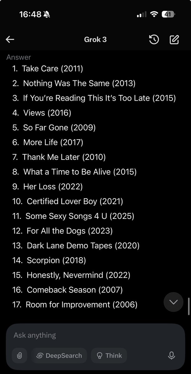 TR4PM0NEYBENNY's tweet image. just asked grok to rank drakes best projects
horrible ranking in my opinion