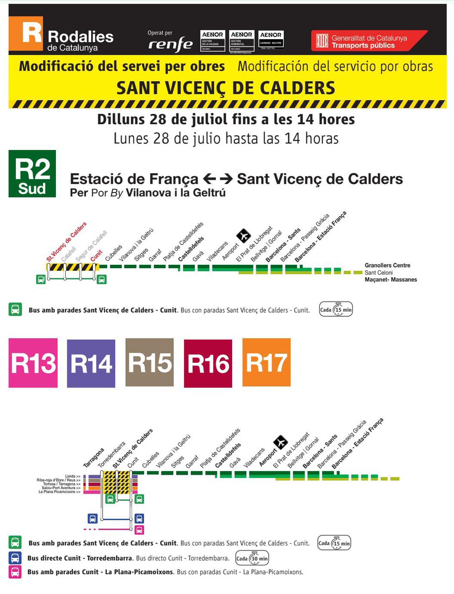 dignitatavies's tweet image. ⚠️Noves afectacions al servei de Regionals Sud i R2⚠️
📅 Dilluns 28 de Juliol.
⏰ Des de Inici de Servei fins a les 14 hores.
🚧 Interrupció total del servei ferroviari entre Torredembarra i Cunit per obres a Sant Vicenç de Calders🚧
🚌 Servei alternatiu en autobús.