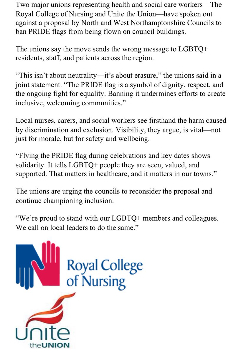 UNITENHFT's tweet image. Public statement speaking out against West Northants Councils decision to Ban the @Pride flag from council properties, The Pride flag is a symbol of equality and respect. Banning it is not about “neutrality” — it’s about erasing visibility and support for marginalised groups
