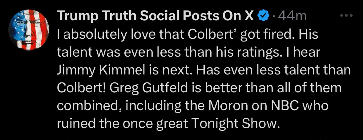 Meacham (@meachamdr) on Twitter photo Does this fucking orange grease stain understand that <a href="/StephenAtHome/">Stephen Colbert</a> will still be on the air until next year? I hope Colbert goes scorched earth on this shit bag. Does this fucking orange grease stain understand that <a href="/StephenAtHome/">Stephen Colbert</a> will still be on the air until next year? I hope Colbert goes scorched earth on this shit bag.