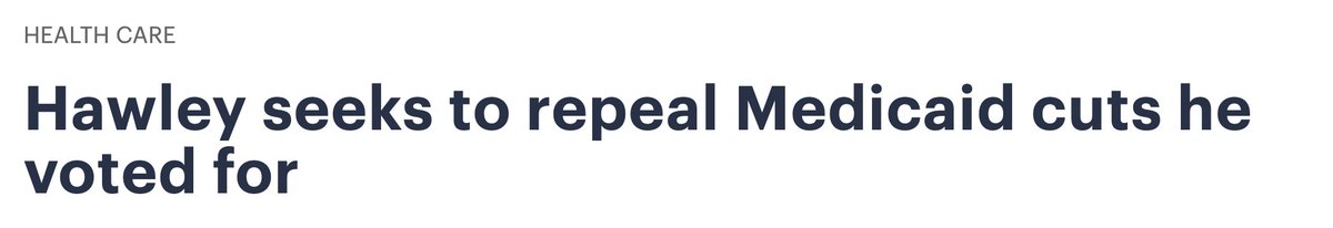 Public_Citizen's tweet image. If @HawleyMO cared about access to healthcare or funding rural hospitals he shouldn't have voted for massive Medicaid cuts.
The hypocrisy is unbelievable.